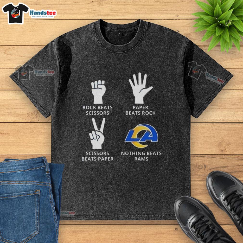 Nice Los Angeles Rams washed t-shirt featuring 'Nothing Beats Rock, Scissors, Paper Beats Rock' graphic design.