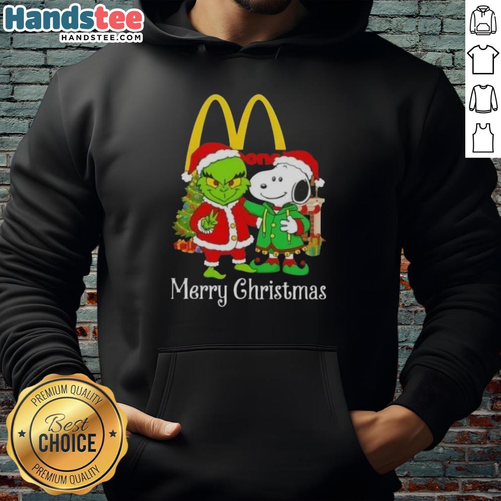 Cozy Merry Christmas hoodie featuring McDonald's, Grinch, and Snoopy designs, perfect for festive holiday wear.