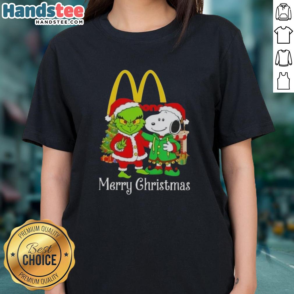 Nice McDonald's X Grinch and Snoopy Merry Christmas ladies tee featuring festive designs and vibrant colors.