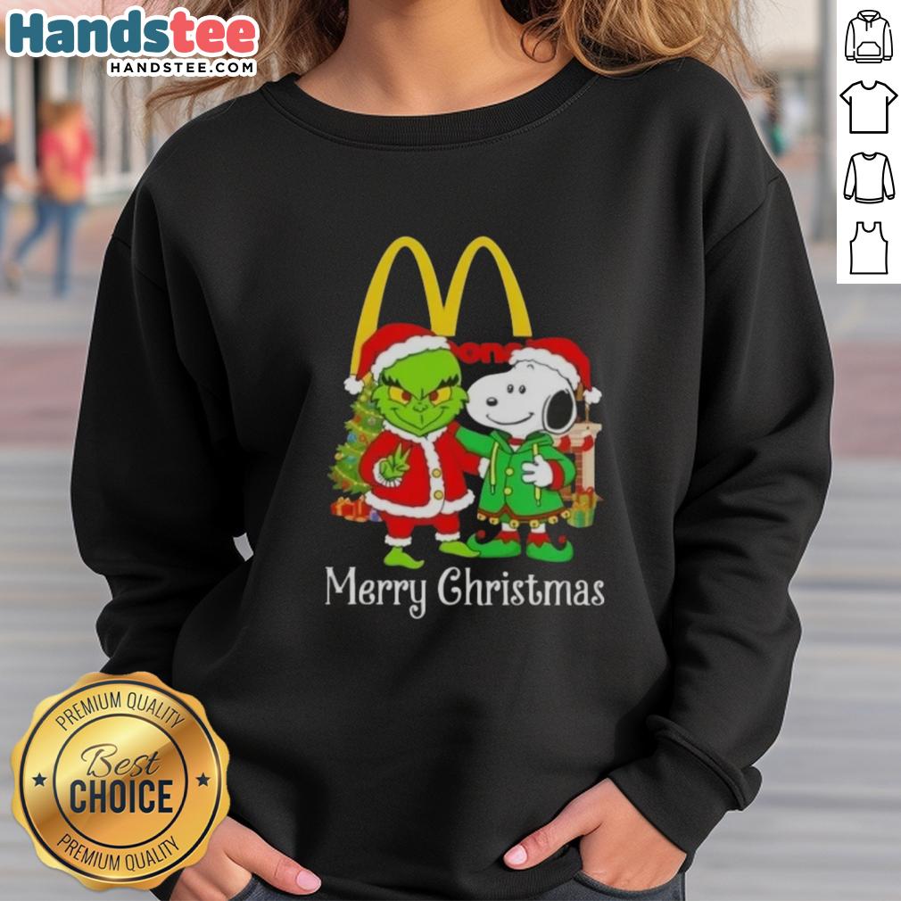 Cozy Nice McDonald's X Grinch and Snoopy Merry Christmas sweatshirt featuring festive colors and playful holiday graphics.