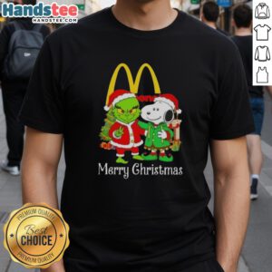 Nice McDonald's x Grinch and Snoopy Merry Christmas T-Shirt featuring festive designs for a joyful holiday spirit.