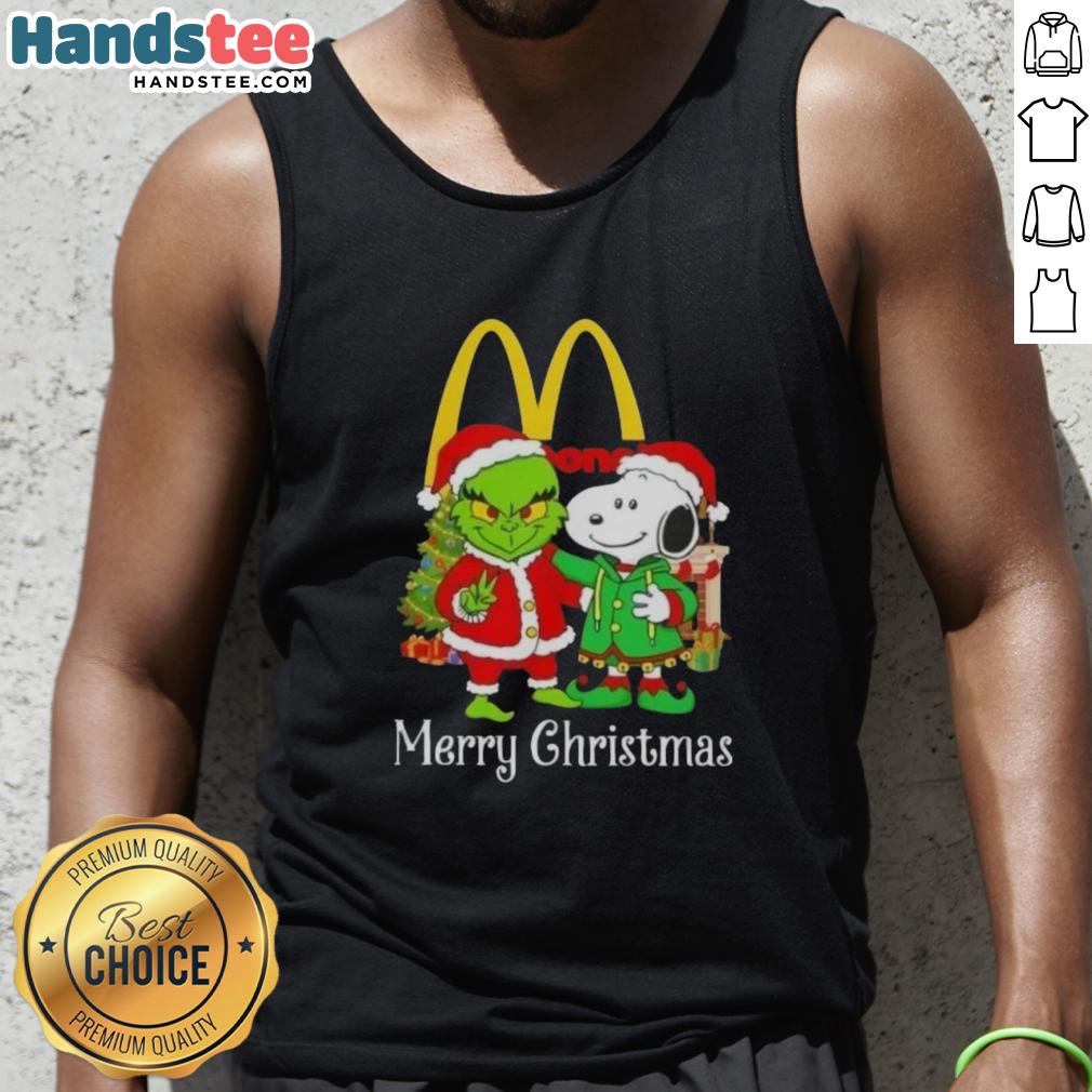 Alt Text: Merry Christmas tank top featuring McDonald's, Grinch, and Snoopy designs for festive holiday style.