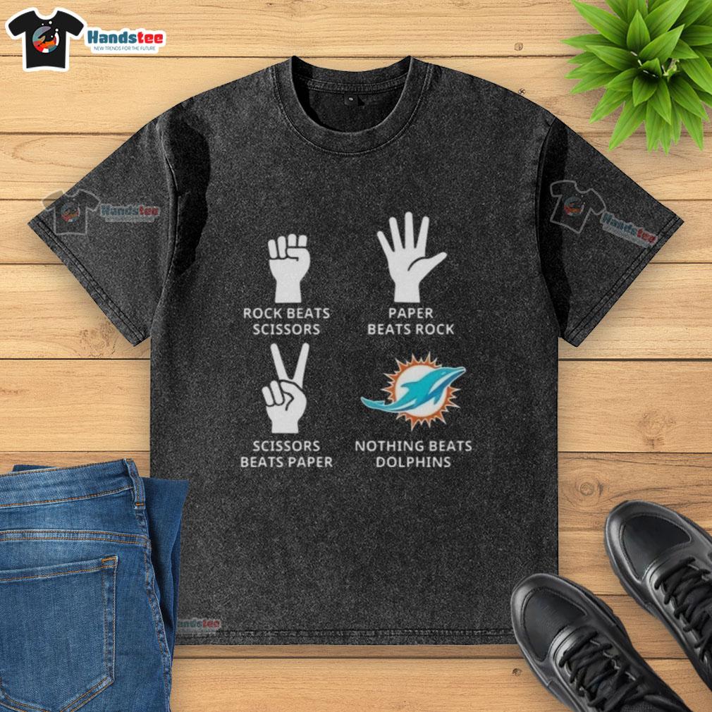 Nice Miami Dolphins washed t-shirt featuring 'Nothing Beats Rock, Beats Scissors, Paper Beats Rock' graphic design.