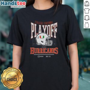 Miami Hurricanes 2025-2026 College Football Playoff Bound ladies tee featuring team helmet design in vibrant colors.