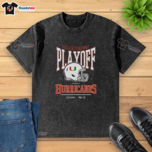 Alt Text: 2025-2026 Miami Hurricanes College Football Playoff Bound helmet design on a washed t-shirt for fans.