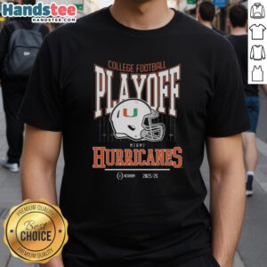 Miami Hurricanes College Football Playoff 2025-26 T-Shirt featuring vibrant team colors and logo.