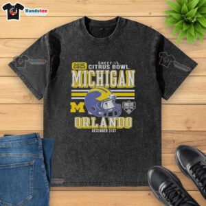 2025 Citrus Bowl Michigan Wolverines washed t-shirt in Nice, Florida, showcasing vibrant team colors and logo.