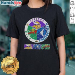 Nice Minnesota City Sports Vikings Timberwolves Wild logo on a ladies tee, perfect for local fans and sports enthusiasts.
