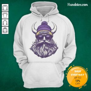 Nice Minnesota Vikings mascot wearing a beanie and sunglasses, showcasing team spirit in a cozy hoodie.