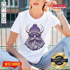 Alt Text: Minnesota Vikings mascot in a beanie and sunglasses, showcasing a stylish ladies' tee for football fans.