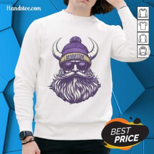 Minnesota Vikings mascot wearing a beanie, sunglasses, and a sweatshirt, showcasing team spirit and style.
