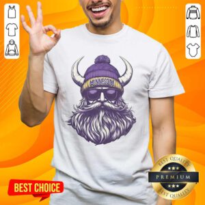 Alt Text: Minnesota Vikings mascot in a beanie and sunglasses t-shirt, showcasing team spirit and style in vibrant colors.