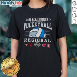 2025 NCAA Division I Women's Volleyball Regional logos: Longhorns, Hoosiers, Wisconsin, and Stanford on ladies tee.