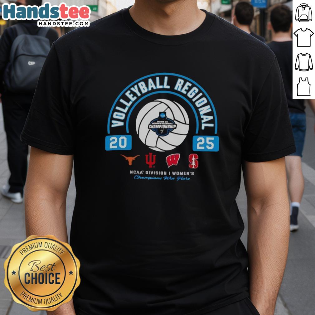 2025 NCAA Division I Women's Volleyball T-Shirt featuring Longhorns, Hoosiers, Wisconsin, and Stanford logos.