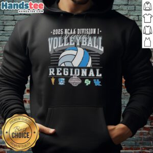 Alt Text: 2025 NCAA Division I Women's Volleyball Regionals hoodie featuring Arizona State, Creighton Bluejays, Cal Poly, Kentucky.