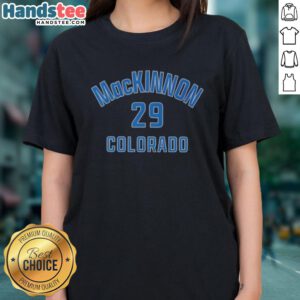 Ladies' tee featuring Nathan MacKinnon, Colorado, with name and number 29, perfect for hockey fans.