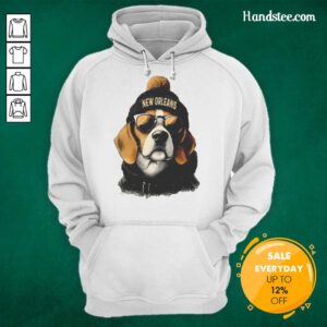 New Orleans Saints mascot in a beanie and sunglasses, wearing a hoodie, showcasing team spirit and fun.