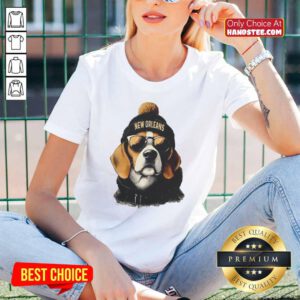 Alt Text: New Orleans Saints mascot in a beanie and sunglasses, showcasing a fun ladies' tee design for fans.
