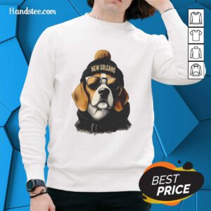 Alt Text: New Orleans Saints mascot wearing a beanie and sunglasses, showcasing team spirit in a cozy sweatshirt.
