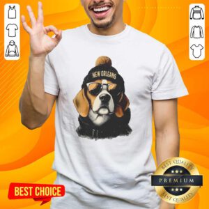 Alt Text: New Orleans Saints mascot sporting a beanie and sunglasses on a fun T-shirt, showcasing team spirit and style.