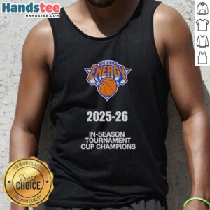2025-26 New York Knicks In-Season Tournament Cup Champions tank top featuring vibrant team colors and logo.
