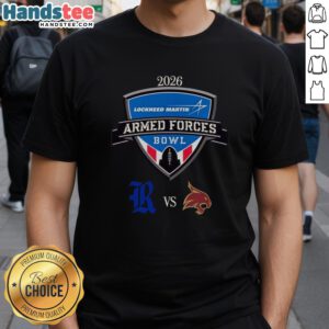 Alt Text: 2026 Lockheed Martin Armed Forces Bowl T-Shirt featuring Nice Official Rice Owls vs Texas State Bobcats matchup design.