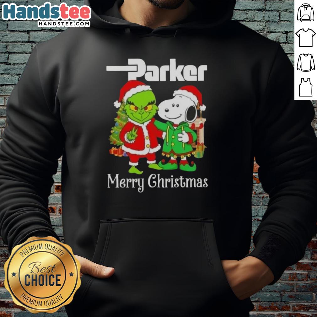 Alt Text: Nice Parker Hannifin X Grinch and Snoopy Merry Christmas Hoodie featuring festive designs and vibrant colors.