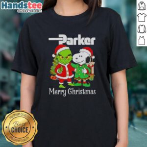 Nice Parker Hannifin X Grinch and Snoopy Merry Christmas ladies tee featuring festive graphics for the holiday season.