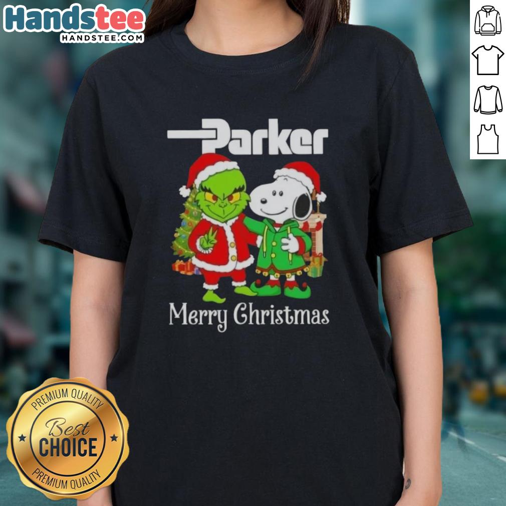 Nice Parker Hannifin X Grinch and Snoopy Merry Christmas ladies tee featuring festive graphics for the holiday season.