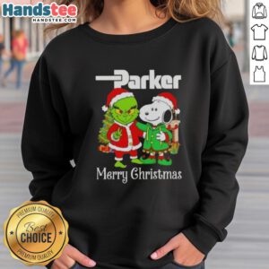 Alt Text: Festive 'Nice Parker Hannifin X Grinch and Snoopy Merry Christmas Sweatshirt' featuring colorful holiday graphics.