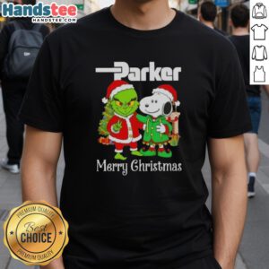 Alt Text: Nice Parker Hannifin X Grinch and Snoopy Merry Christmas T-Shirt featuring festive designs for holiday spirit.