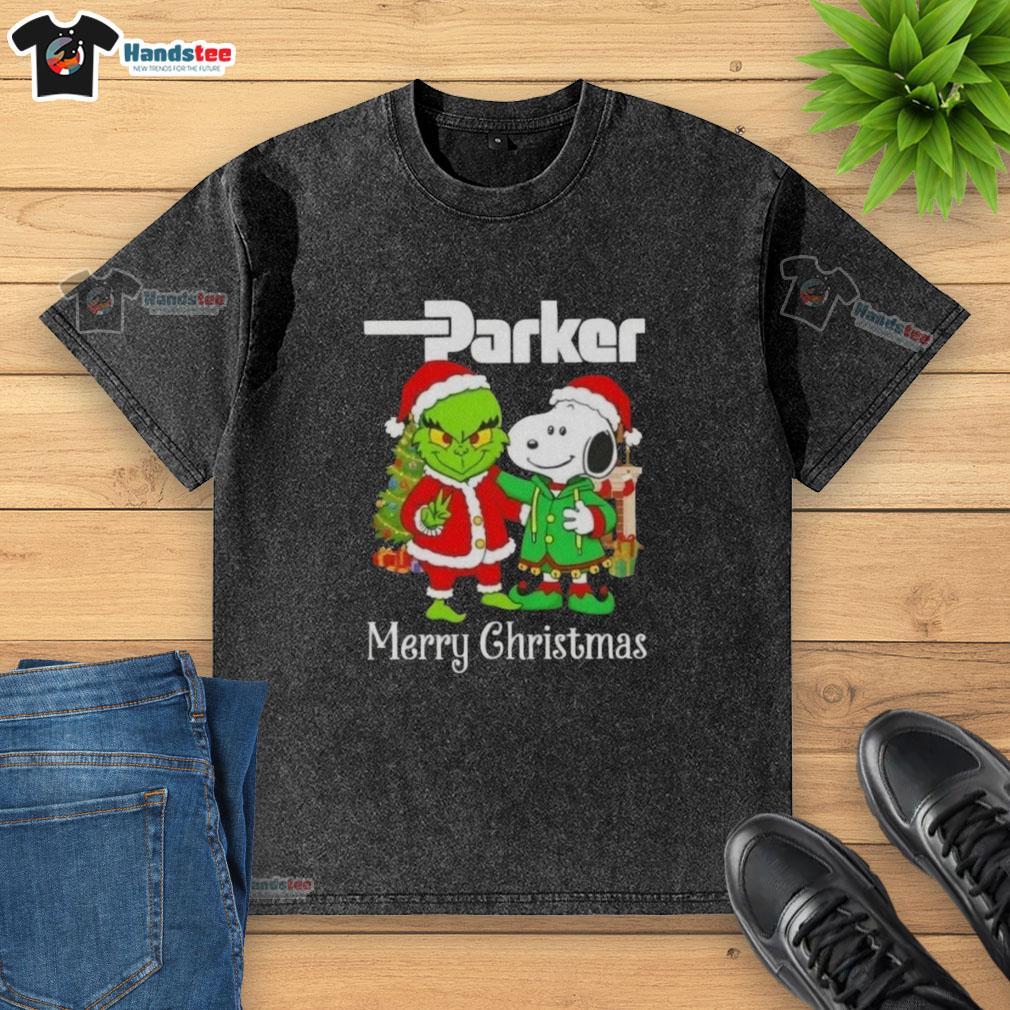 Nice Parker Hannifin X Grinch and Snoopy Merry Christmas washed t-shirt featuring vibrant holiday graphics.