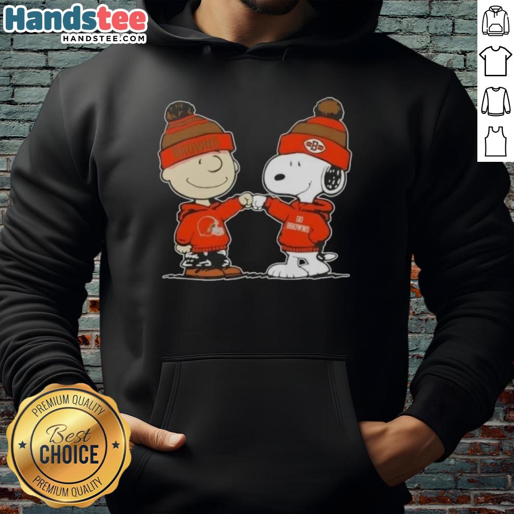 Alt Text: Charlie Brown and Snoopy giving a fist bump in a Cleveland Browns football hoodie, showcasing Nice Peanuts style.