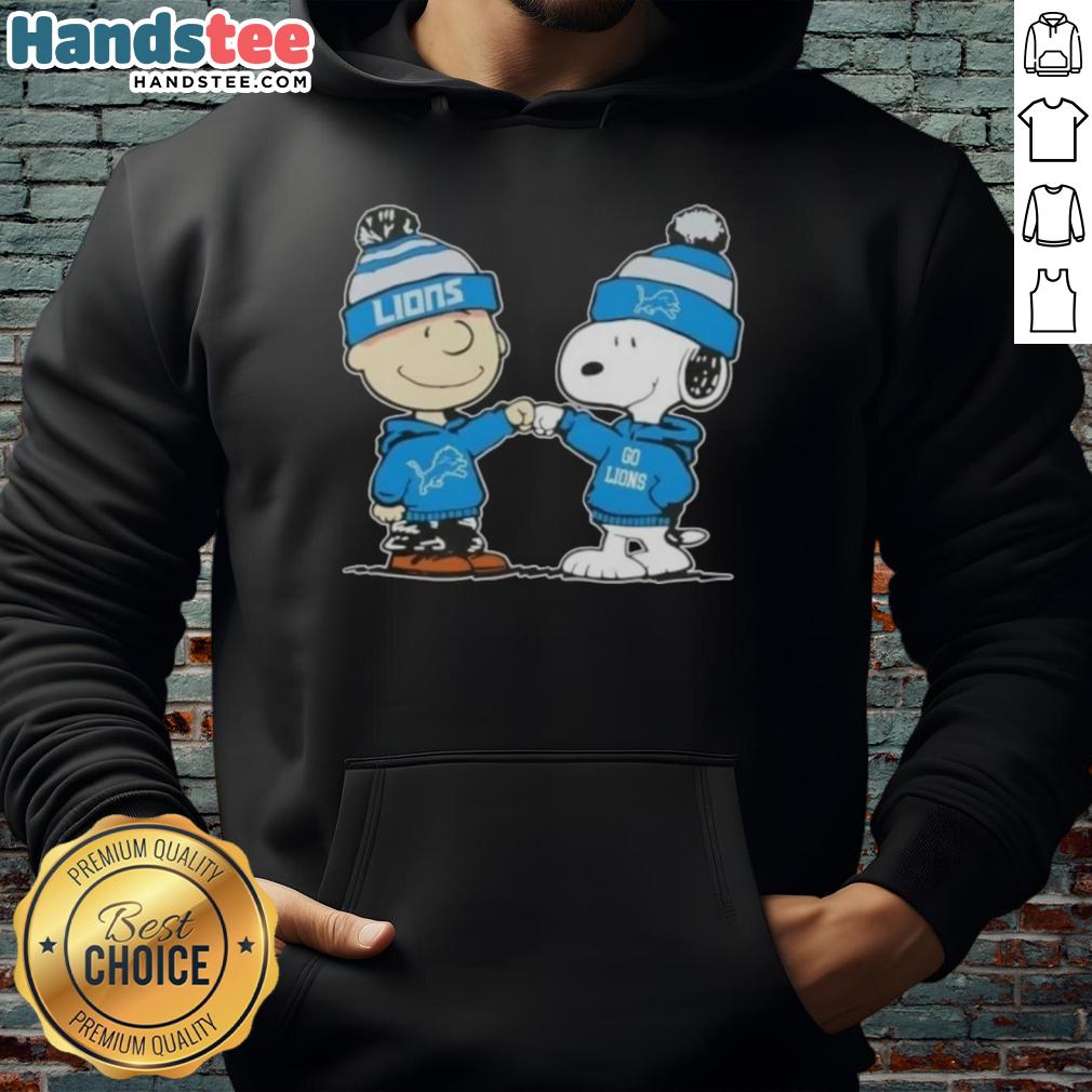 Charlie Brown fist bumps Snoopy in a Detroit Lions football hoodie, showcasing a fun Nice Peanuts themed design.