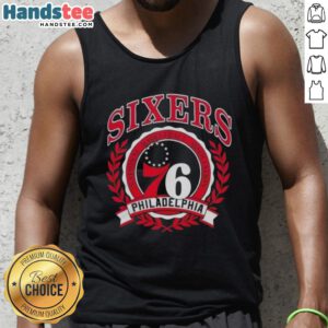 Men's Nice Philadelphia 76ers National Basketball Association crest tank top, showcasing team logo and vibrant colors.
