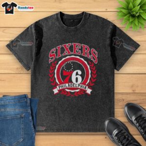 Nice Philadelphia 76ers National Basketball Association crest washed t-shirt, featuring vibrant team colors and logo.