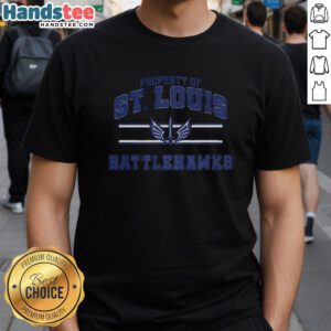 Alt Text: Stylish St. Louis Battlehawks UFL logo stripes t-shirt design, perfect for fans of the team and comfortable wear.