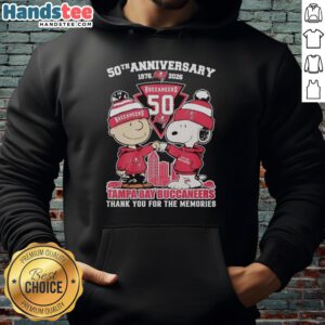 Alt Text: Tampa Bay Buccaneers hoodie featuring Snoopy and Charlie Brown for the 50th Anniversary 1976-2026.