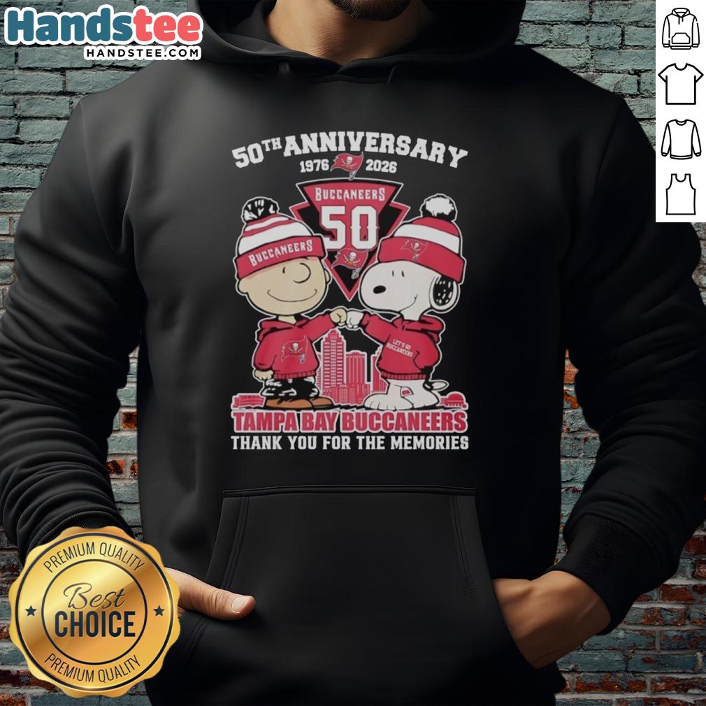 Alt Text: Tampa Bay Buccaneers hoodie featuring Snoopy and Charlie Brown for the 50th Anniversary 1976-2026.