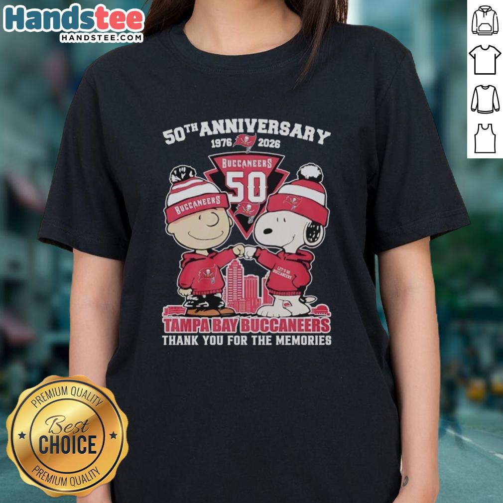 Stylish Tampa Bay Buccaneers outfit featuring Snoopy and Charlie Brown 50th Anniversary tee for ladies, 1976-2026.