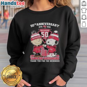 Nice Tampa Bay Buccaneers outfit featuring Snoopy and Charlie Brown 50th Anniversary sweatshirt, 1976-2026.
