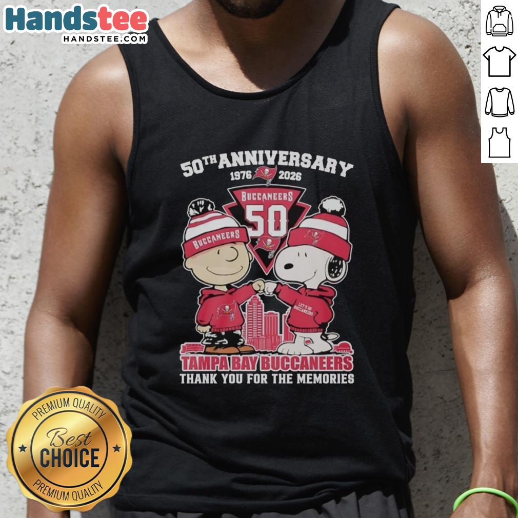 Stylish Tampa Bay Buccaneers tank top featuring Snoopy and Charlie Brown for the 50th Anniversary 1976-2026.