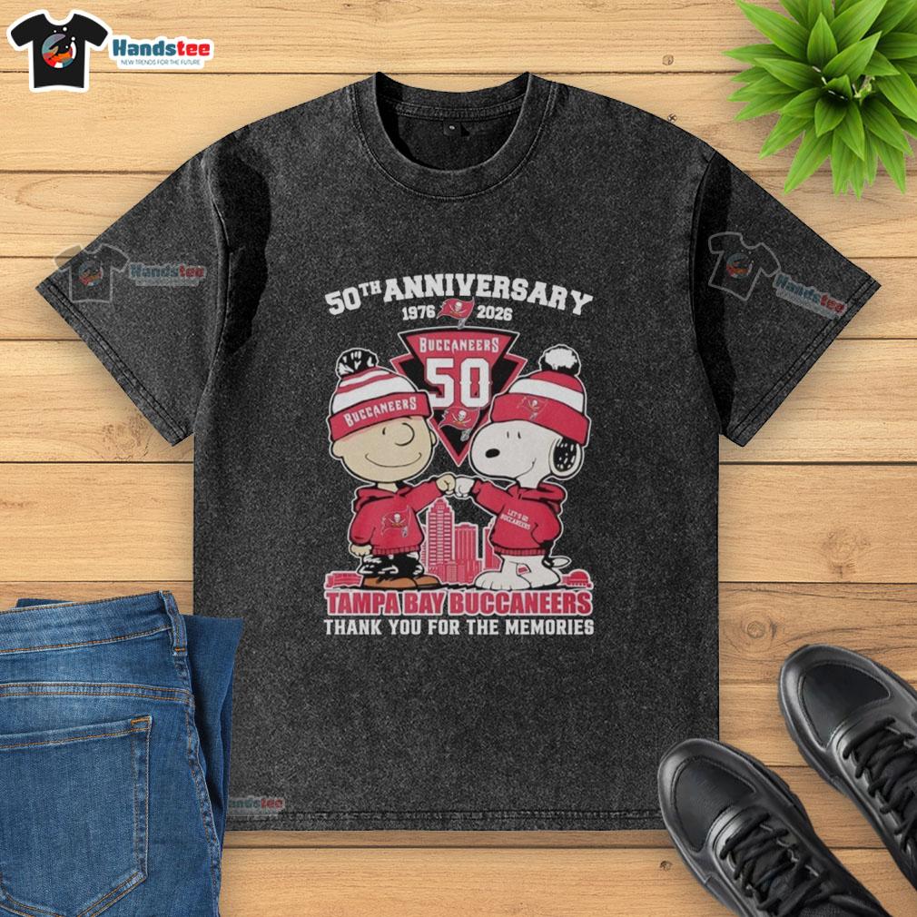 Nice Tampa Bay Buccaneers outfit featuring Snoopy and Charlie Brown 50th Anniversary washed t-shirt 1976-2026.