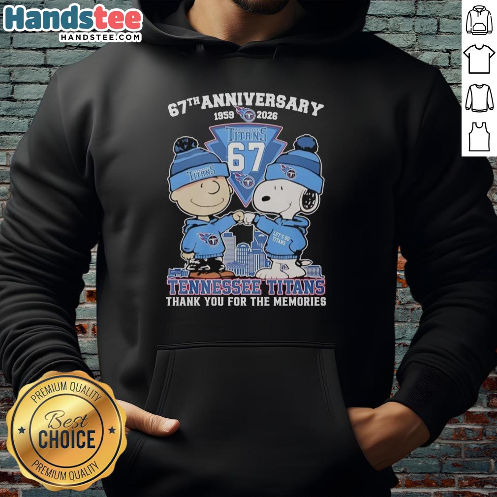 Stylish Tennessee Titans outfit featuring a Snoopy and Charlie Brown hoodie, celebrating their 67th anniversary (1959-2026).