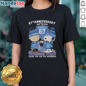 Alt Text: Stylish Tennessee Titans outfit featuring Snoopy and Charlie Brown, celebrating their 67th anniversary, ladies tee.