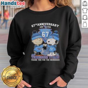 Alt Text: Stylish Tennessee Titans outfit featuring Snoopy and Charlie Brown sweatshirt for the 67th anniversary 1959-2026.