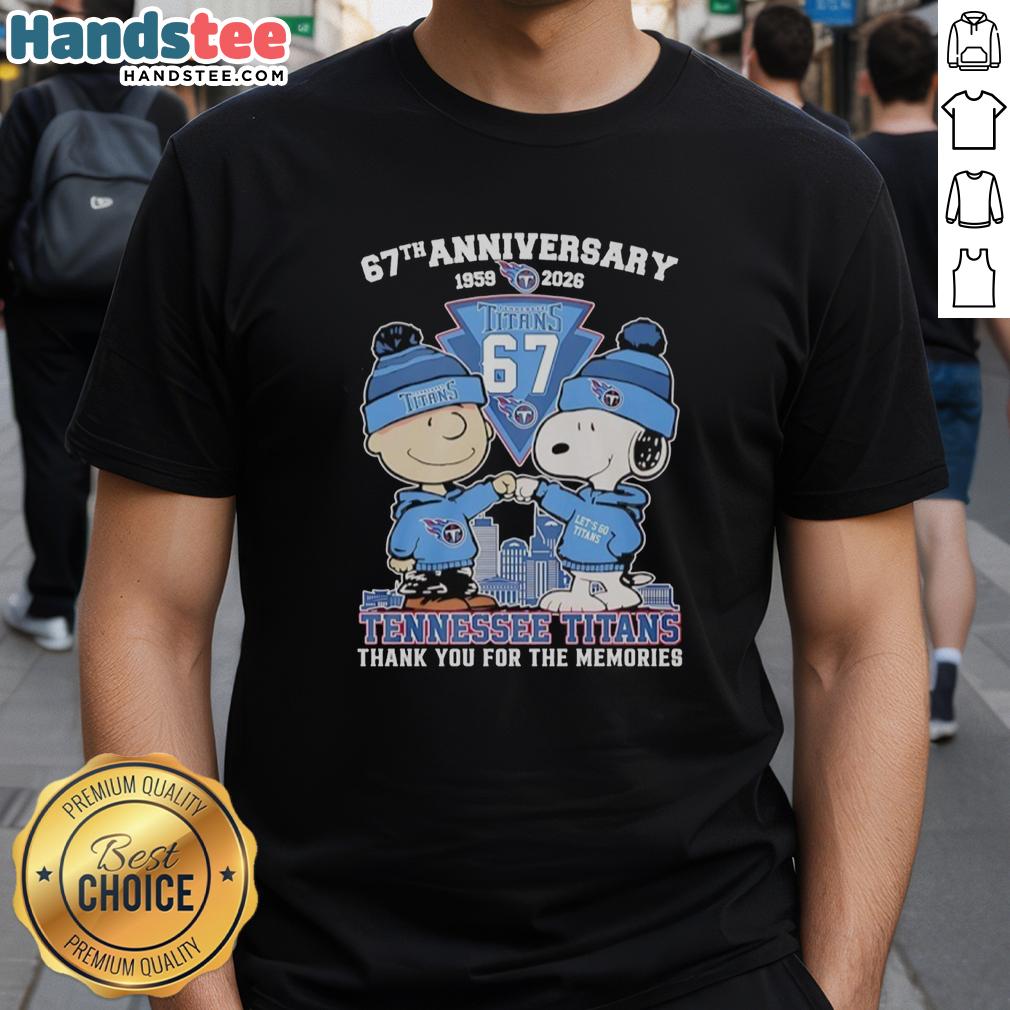 Nice Tennessee Titans outfit featuring Snoopy and Charlie Brown 67th Anniversary t-shirt, perfect for fans and collectors.