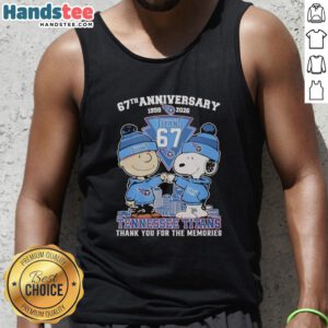 Alt Text: Stylish Tennessee Titans outfit featuring Snoopy and Charlie Brown tank top, celebrating their 67th anniversary (1959-2026).