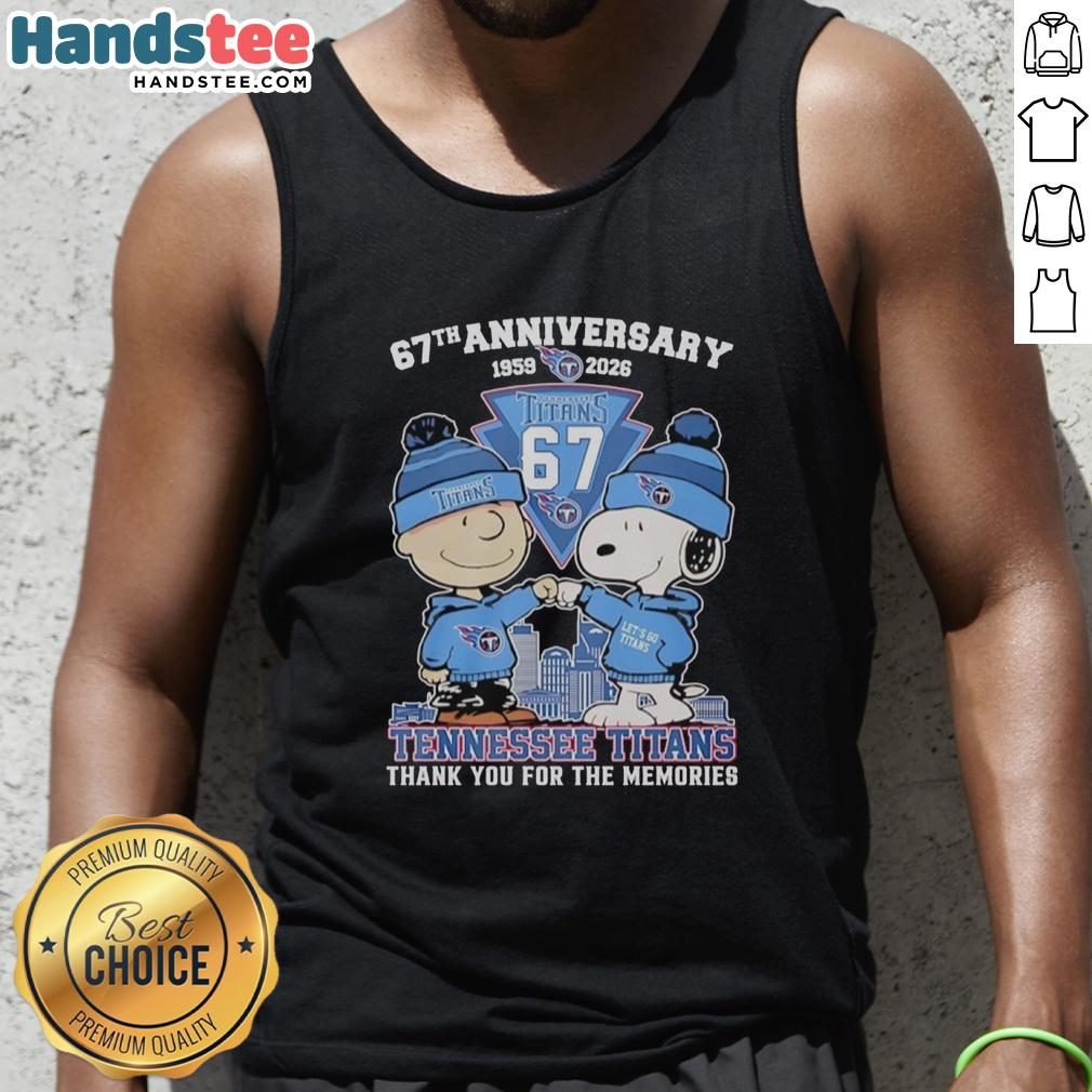 Alt Text: Stylish Tennessee Titans outfit featuring Snoopy and Charlie Brown tank top, celebrating their 67th anniversary (1959-2026).