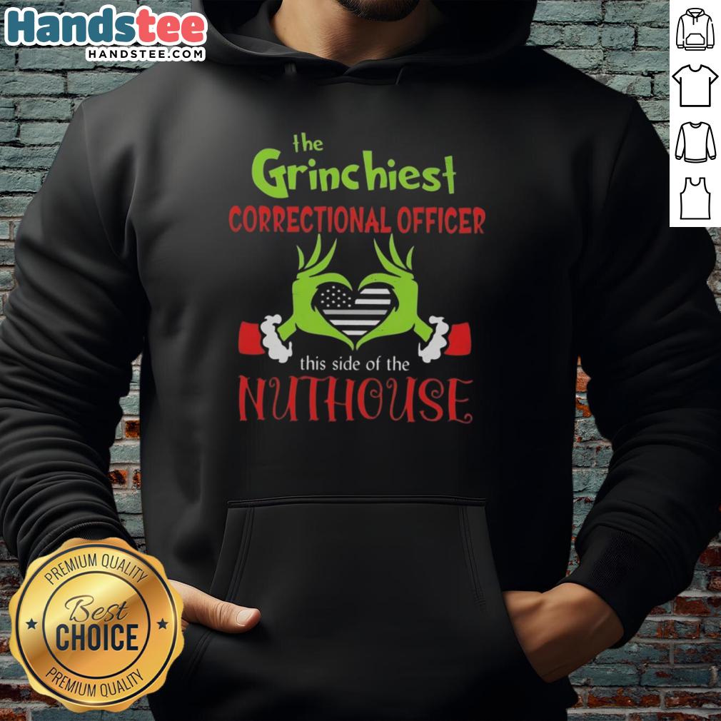 Grinchiest correctional officer hoodie design featuring playful graphics and bold text, perfect for fans of quirky apparel.